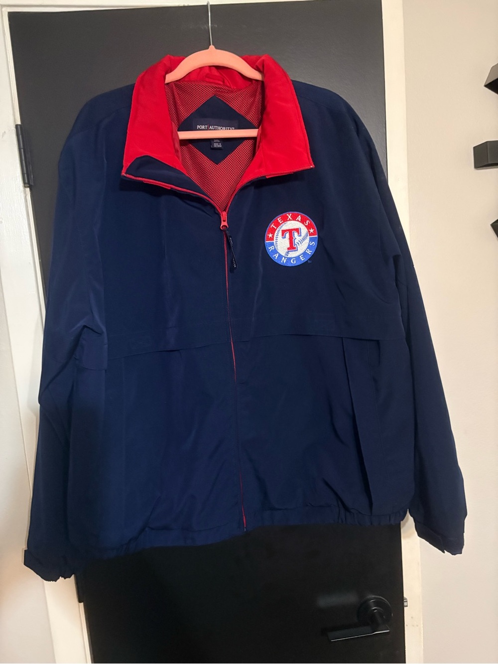 Port Authority Navy and Red Full-Zip Windbreaker with Texas Rangers Patch Sz 3X